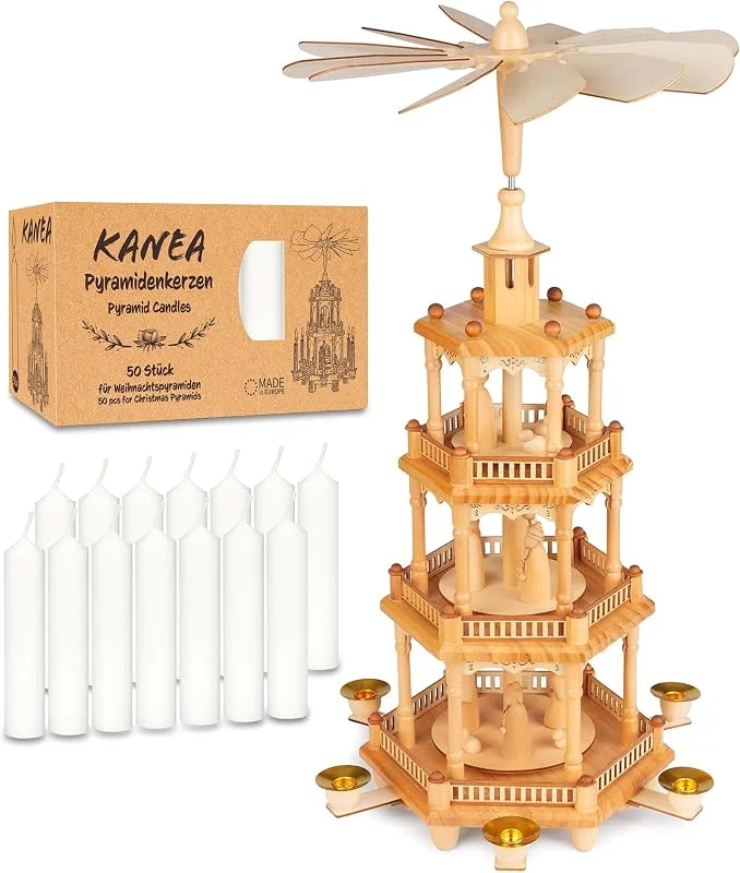 Besuche den BRUBAKER-Store BRUBAKER Weihnachtspyramide aus Holz inkl. 50er Pack Pyramidenkerzen Weiß - 55 cm große Holzpyramide für Weihnachten - Tischpyramide Drehbar - 4 Etagen - Handbemalt — Weihnachtsdeko