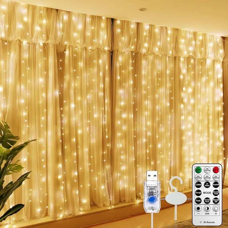 Besuche den HXWEIYE-Store HXWEIYE 300LED Lichtervorhang 3mx3m USB, Fernbedienung, 8 Modi & Timer — Weihnachtsbeleuchtung