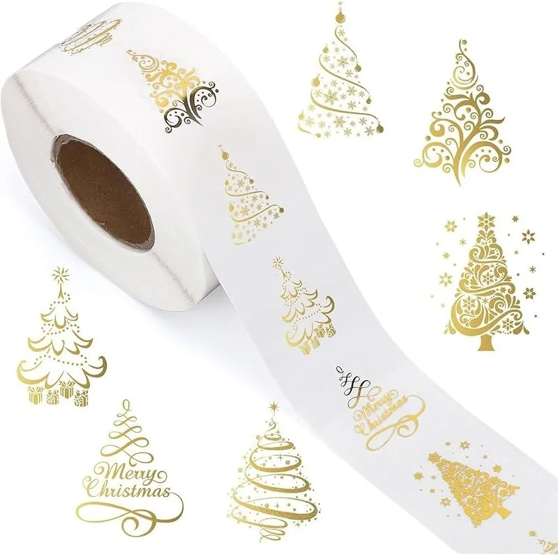 Marke: Lipfer 500 Stück Transparente Weihnachtsaufkleber in Rolle, Goldfolie, Weihnachtsbaum-siegelaufkleber, Selbstklebende Etikettenaufkleber Für Feiertagsumschläge, Einladungskarten, Geschenkdekoration — Geschenkverpackung