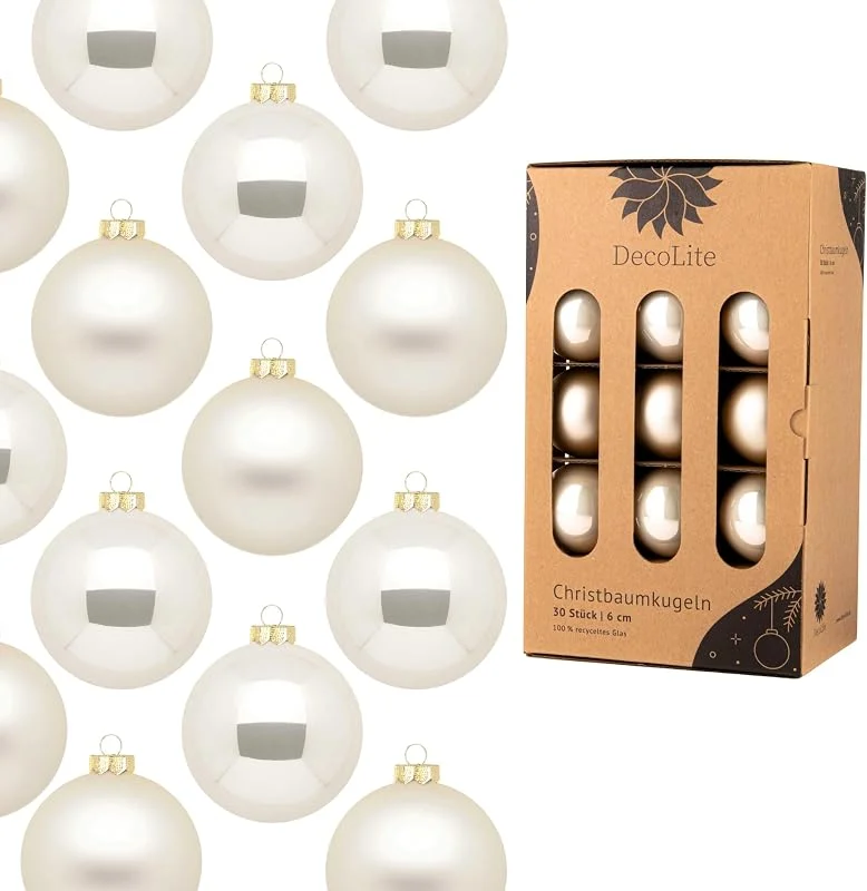 Marke: DecoLite Weihnachtskugeln Glas Ø 6 cm, 30er Set, Champagner matt, glänzend — Weihnachtsdeko