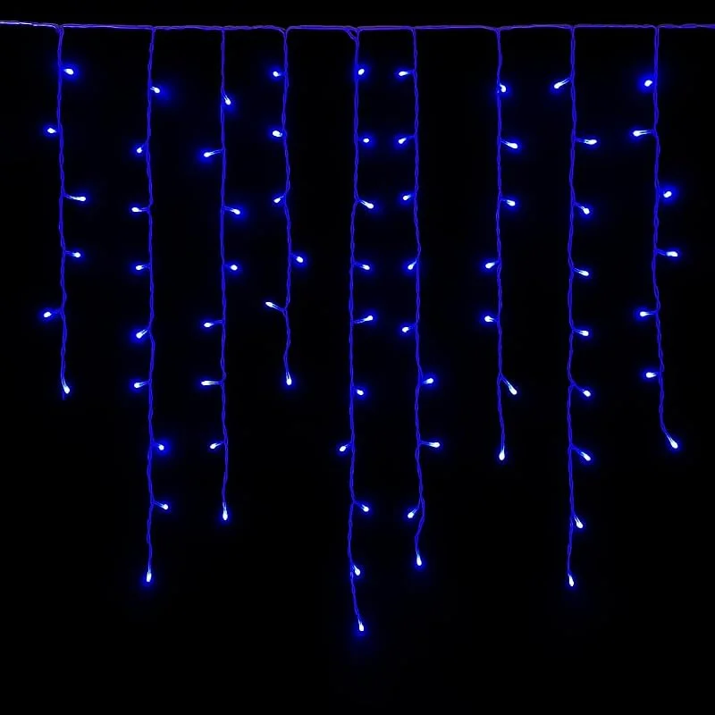 Marke: IXTRIMA Lichtervorhang mit 120 LEDs, 3 m, blaues Licht, weißes Kabel, IP65, verlängerbar, mit hängenden Drähten in abwechselnden Längen (30 – 70 – 40 – 60 cm) für Wasserfall-Effekt — Weihnachtsbeleuchtung