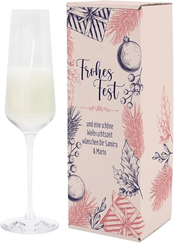 Besuche den Herz & Heim-Store Herz & Heim® Duftkerze im Sektglas als Geschenk zum Fest, mit Verpackung, personalisiert Frohes Fest — Kerzenlicht Abendessen
