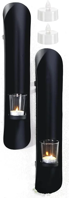 Besuche den Novaliv-Store Novaliv 2X Wandkerzenhalter + 2X LED Teelichter 6 x 41, 5 x 7, 5 cm Schwarz LED Kerze Teelichterhalter aus Metall mit Glas Kerzenhalter Dekoration Wanddeko Vintage Deko Teelicht LED Licht Wandhalter — Kerzenlicht Abendessen