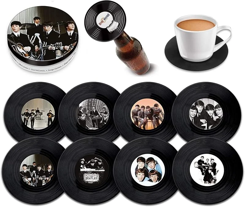 Marke: Retro Musique The Beatles – 8-teiliges Mini-Vinyl-Schallplatten-Untersetzer-Set mit Dose und magnetischem Flaschenöffner — Wein und Festtafel
