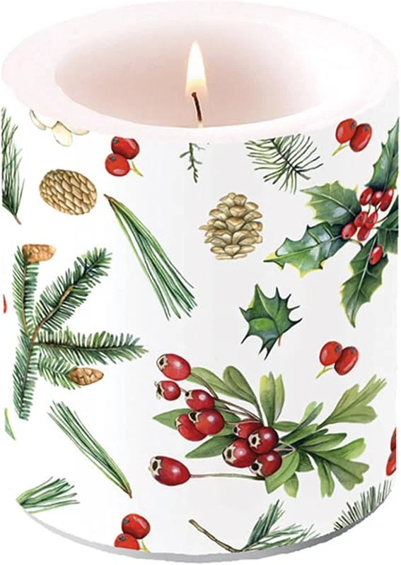 Besuche den Ambiente-Store Ambiente Kerze Stumpenkerze Lampionkerze 9 cm hoch Brenndauer ca 35h Weihnachten Advent Ilex Stechpalme Zweige Winter greenery — Advent und Tisch