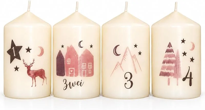 Besuche den Kilala-Store Adventskerzen Aquarell beige Weihnachtskranz winterlichen Motiv Stumpfkerzen Spruch Kerze mit Zahlenmotiv Weihnachtsdeko (Häuser 8 cm) — Advent und Tisch
