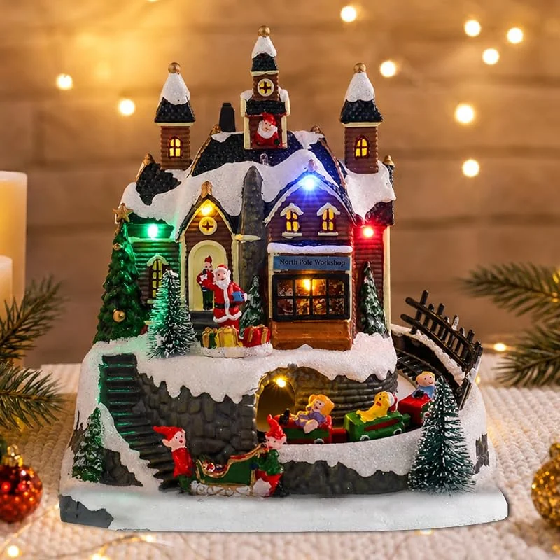 Marke: WONDER GARDEN Weihnachtsdorf Häuser-Weihnachtshäuser Dorf – Bunte Musik Schnee Weihnachtsdörfer Figur mit Weihnachtsbaum, drehbarem Eisenbahnzug, Weihnachtsmann und LED-Lichtern für Heimdekoration oder Geschenk — Weihnachtsdeko