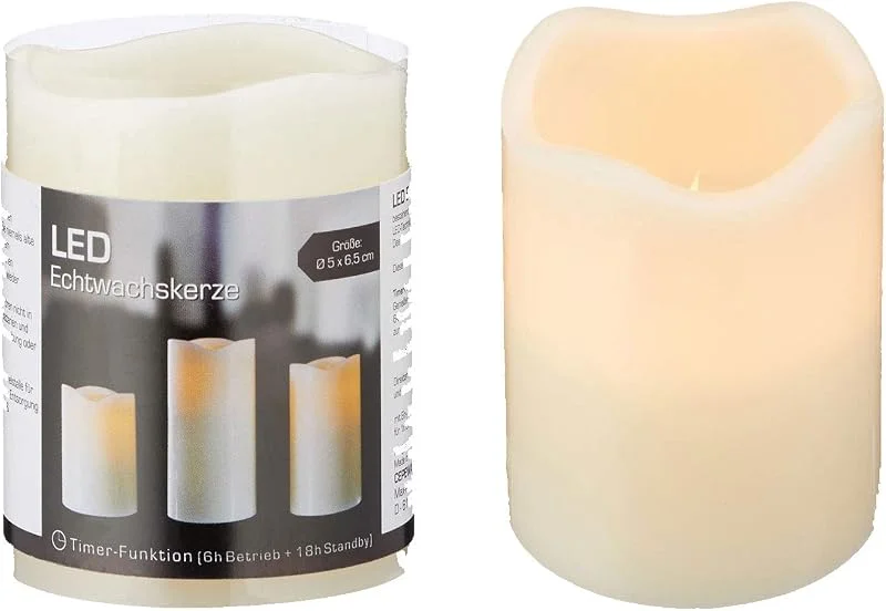 Besuche den Cepewa-Store LED Echtwachs Kerze H 9cm Ø 7cm mit flackernder Flamme Sleep-Funktion Elfenbeinfarben Flammenlose Kerze (1 x LED Echtwachskerze 9 cm) — Kerzenlicht Abendessen