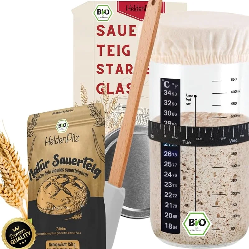 Besuche den HeldenPilz-Store HeldenPilz® Sauerteig Starter Set – 600ml Gärglas, Spatel & Thermometer, Bio-Roggen Sauerteig inkl. Anleitung & Rezepten, Brotbacken leicht gemacht, 100% natürliche Zutaten, nachhaltig — Weihnachtskueche