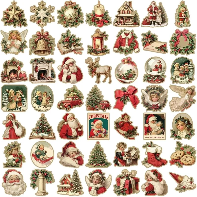Marke: Generisch Weihnachtsaufkleber, 50 Stück Sticker Vintage, Selbstklebend Aufkleber für Papiertüten, Wasserfeste Aufkleber Für Tassen, Weihnachtsdekoration Für Fenster, Glas — Geschenkverpackung