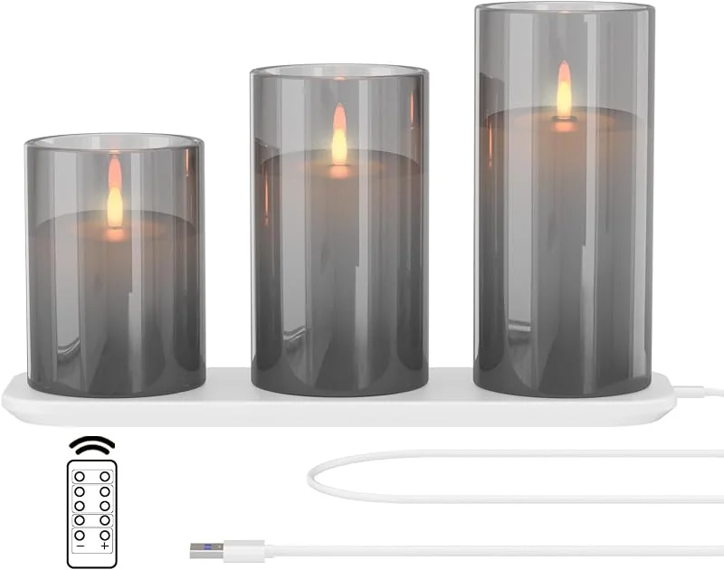 Besuche den EXTSUD-Store EXTSUD LED Flammenlose Kerzen Flackern mit Ladestation und Fernbedienung Timerfunktion, 3er Set Led Kerzen aus Glas Wiederaufladbare Flamme Kerzenlicht Romantische Teelichter Deko Wohnzimmer Grau — Kerzenlicht Abendessen