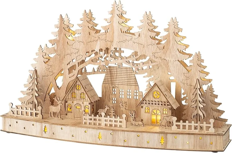 Besuche den Spetebo-Store LED Holz Lichterbogen Weihnachtsdorf mit Timer - 44 x 26 cm - Weihnachts Szene warm weiß beleuchtet Batterie betrieben – Weihnachten Deko Beleuchtung Aufsteller Advent Winter Tischdeko Fensterdeko — Weihnachtsdeko
