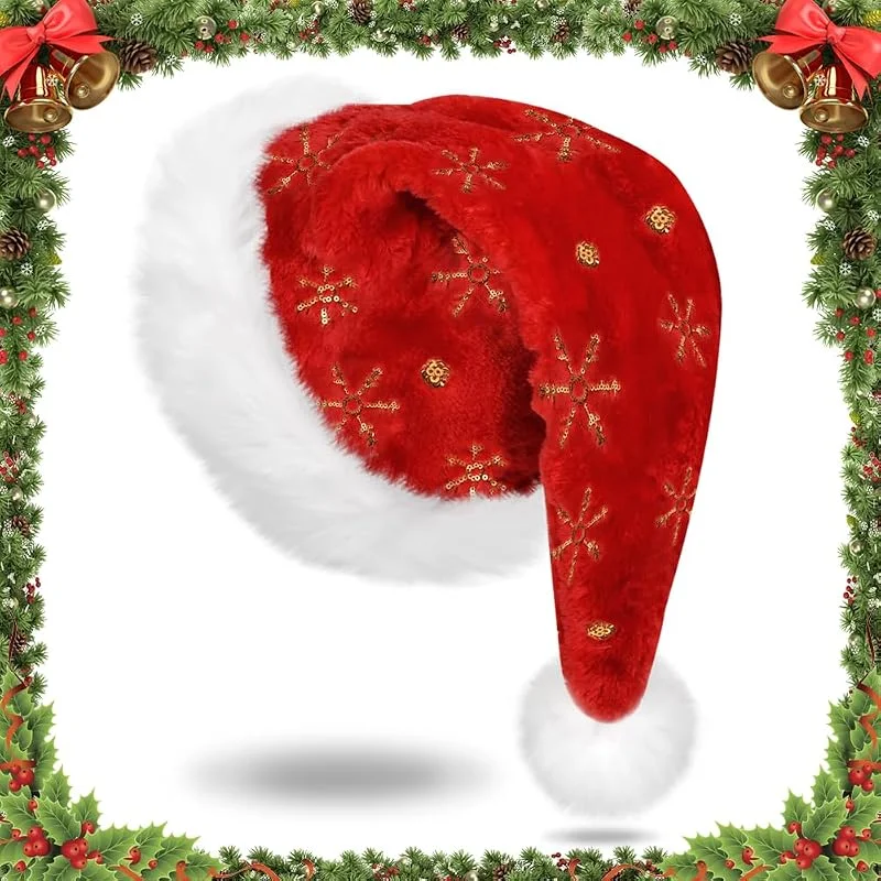 Marke: Byfoyif Weihnachtsmütze Für Erwachsene, Luxus Weihnachtsmann Mütze Deluxe Velours Nikolausmütze Santa Mütze mit Soft LinerVerdickte Warme Weihnachtsparty Mützen Gold Pailletten-Schneeflockenstickerei — Weihnachtsmode