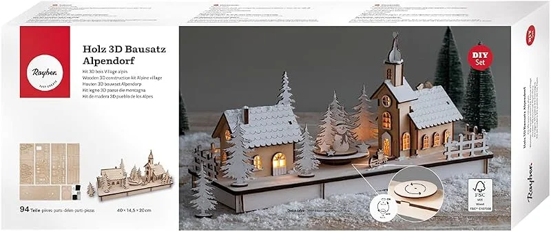 Besuche den Rayher-Store Rayher Alpendorf, Holz, FSC zertifiziert, 3D-Bausatz mit Drehmechanismus, natur, 40 x 14, 5 x 20 cm, 94teilig inklusiv Drehteller, Weihnachtsdekoration, 63157505