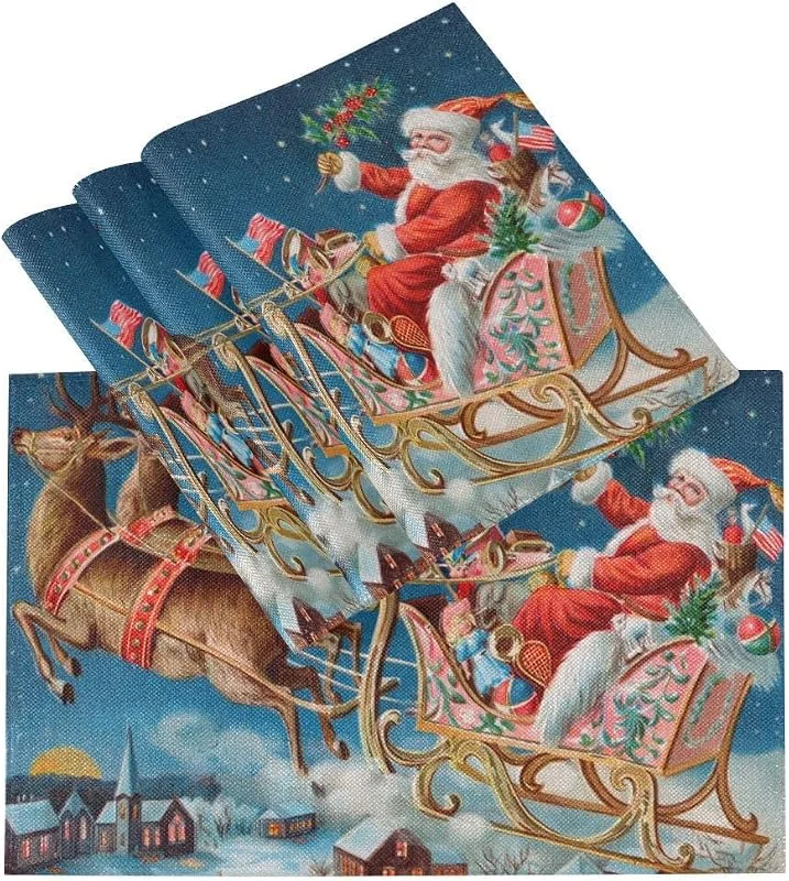 Marke: HMZXZ Tischsets Abwaschbar 4er Set Fröhliche Weihnachten Weihnachtsmann Rentier, Abwaschbar Platzsets Hitzebeständig Tischmatten für küche Speisetisch Hotel, Platz-Matten 45, 7 x 30, 5 cm — Küche & Haushalt