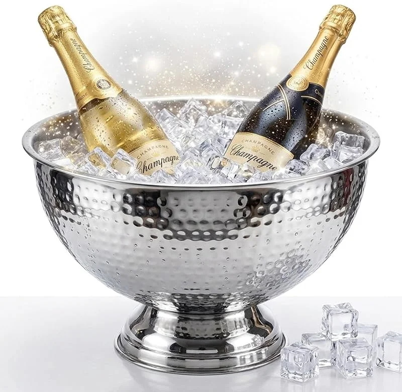 Marke: Auranacs Bourgogne, Champagnerschale aus Edelstahl, Spiegelpoliert & Hammerschlag, Großer Sektkühler Ø 40cm, Weinkühler mit tiefem Standfuß, Elegantes Design für Partys & Events — Wein und Festtafel