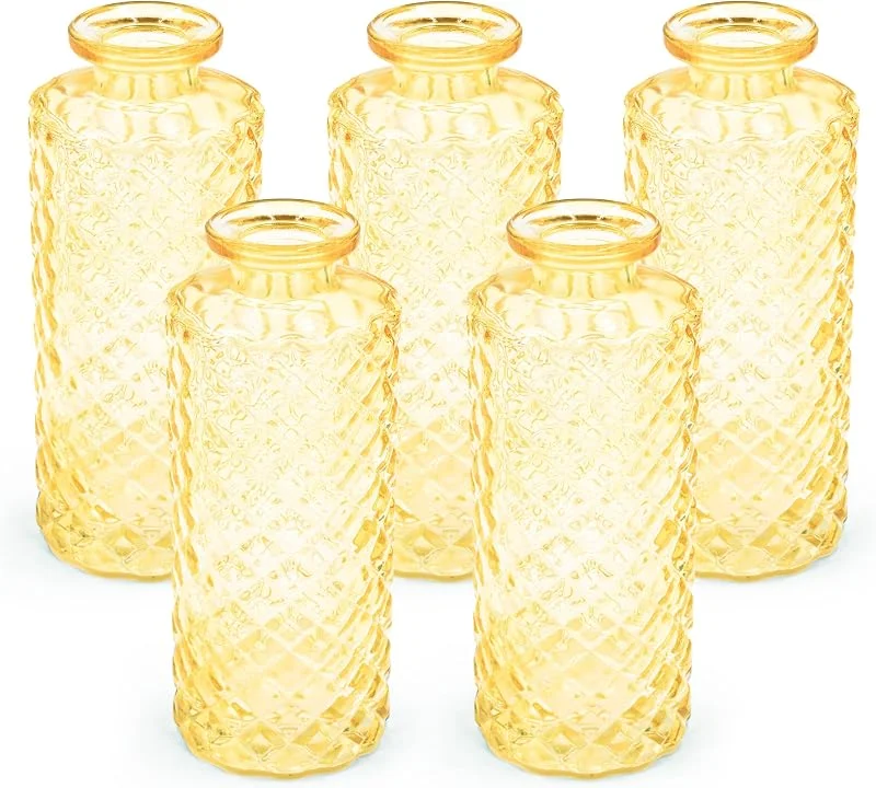 Besuche den Blümelhuber-Store 5er Set Kleine Vase Glas Deko Hochzeit - Vase Klein - Vase Modern - Deko Frühling - Pflanzen Deko Trockenblumen Set Vasen Hochzeitsdeko (Gelb) — Kerzenlicht Abendessen