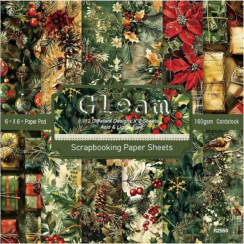 Besuche den ZAKHSE-Store ZAKHSE Motivpapier Weihnachten, 24 Blatt Designpapier mit Beeren Kiefer Blumenmuster, Einseitig Bedruckt 15.2x15.2cm Grün Bastelpapier Scrapbook Papier Dekopapier für Winter Festivals DIY, 12 Designs — Geschenkverpackung