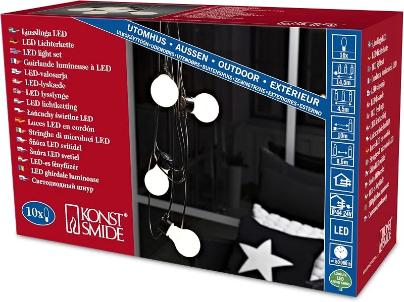 Besuche den Konstsmide-Store Konstsmide LED Biergartenkette, milchig, 10 opal Birnen, 80 warm weiße Dioden, 24V Außentrafo, schwarzes Kabel - 2388-120 — Weihnachtsbeleuchtung