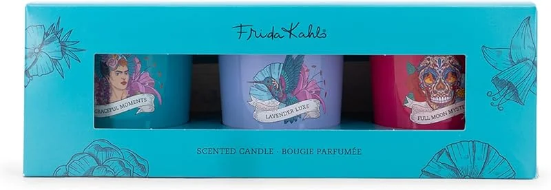 Marke: Frida Kahlo Frida Kahlo Duftkerzen Set, 3 Kerzen im Glas für Zuhause, Duftkerzen Sojawachs, Geschenk für Frauen — Kerzenlicht Abendessen