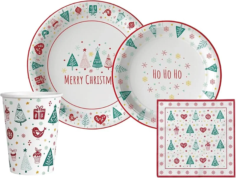 Marke: Stephanie Imports Klassisches Weihnachtsgeschirr-Set – Einweg-Pappteller, Servietten und Becher Set für 20 — Advent und Tisch