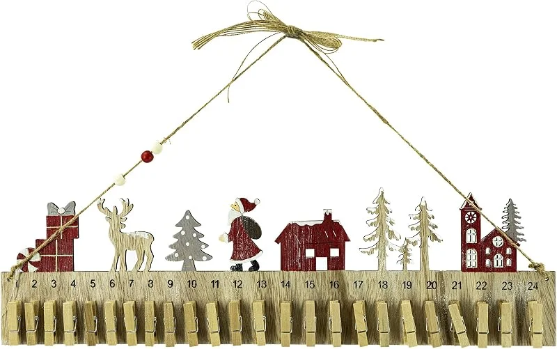 Marke: RiloStore Adventskalender mit Klammern 2-24 Kalender Weihnachtskalender braun weiss rot Holz EDEL Holztiere 45cm lang — Advent und Tisch