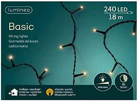 Marke: Lumineo Lumineo Lichterkette Basic klassisch warm - 240 LED's - 18 Meter - schwarzes Kabel - Indoor & Outdoor - Timer - dimmbar - IP44 Schutz — Weihnachtsbeleuchtung