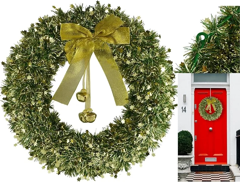 Marke: HOVUK Grüner Kranz zum Aufhängen an der Haustür, 40 cm, großer Tür-Weihnachtskranz für Grab mit Glocken und Schleife, dicker Winterkranz, Fensterdekorationen — Weihnachtsdeko