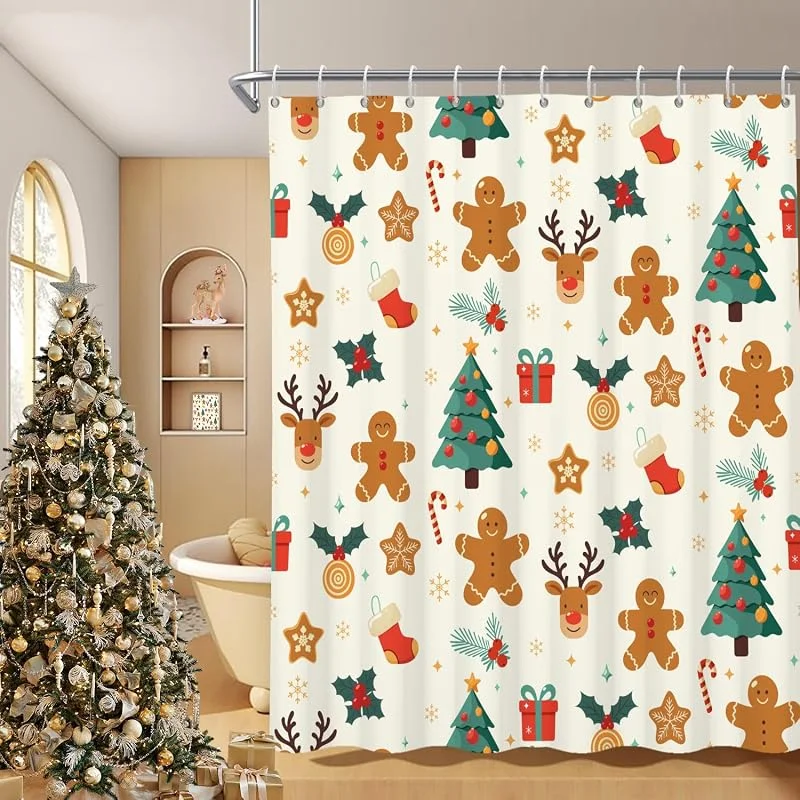 Marke: Caaerttply Duschvorhang mit Weihnachtsmotiv und Lebkuchenmann, 72 x 72 cm, Cartoon-Motiv, niedliche Weihnachtsplätzchen, Süßigkeiten, Elch, Sterne, Geschenkbox, Stoff-Duschvorhang-Set mit Haken für Zuhause — Weihnachtsdeko