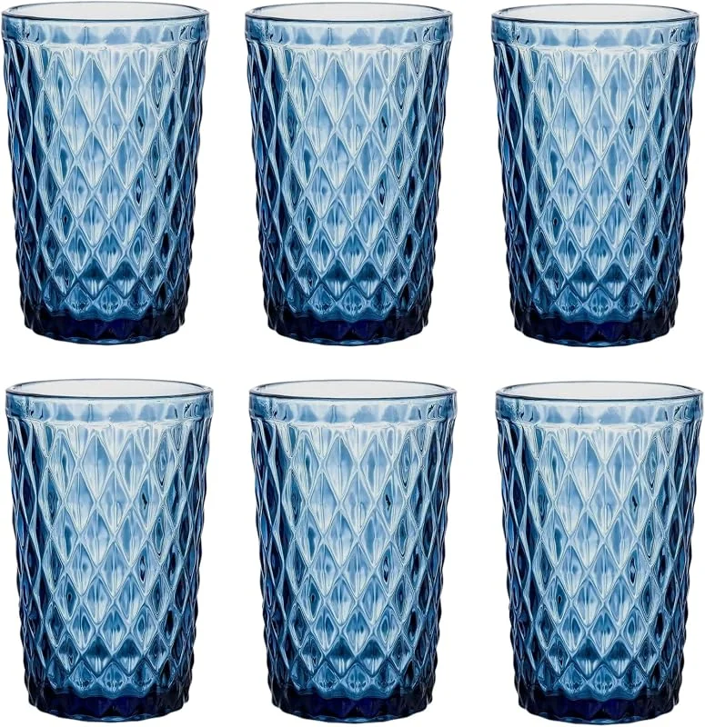 Besuche den GMMH-Store Vintage 6er-Set Farbige Weingläser und Trinkgläser mit Diamant Muster (Netz Blau Trinkglas), Longdrinkgläser, Cocktail Gläser mit Prägung, Glas, Weinglas, Wasserglas, Glaskelche — Wein und Festtafel