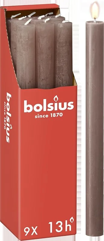 Besuche den bolsius-Store Bolsius - Rustik Stabkerzen - Taupe - 9 Stück - 27 x 2.3 cm - Länge Brenndauer 13 Stunden - Unparfümierte - Enthält Natürliches Pflanzenwachs - Ohne Palmöl — Kerzenlicht Abendessen