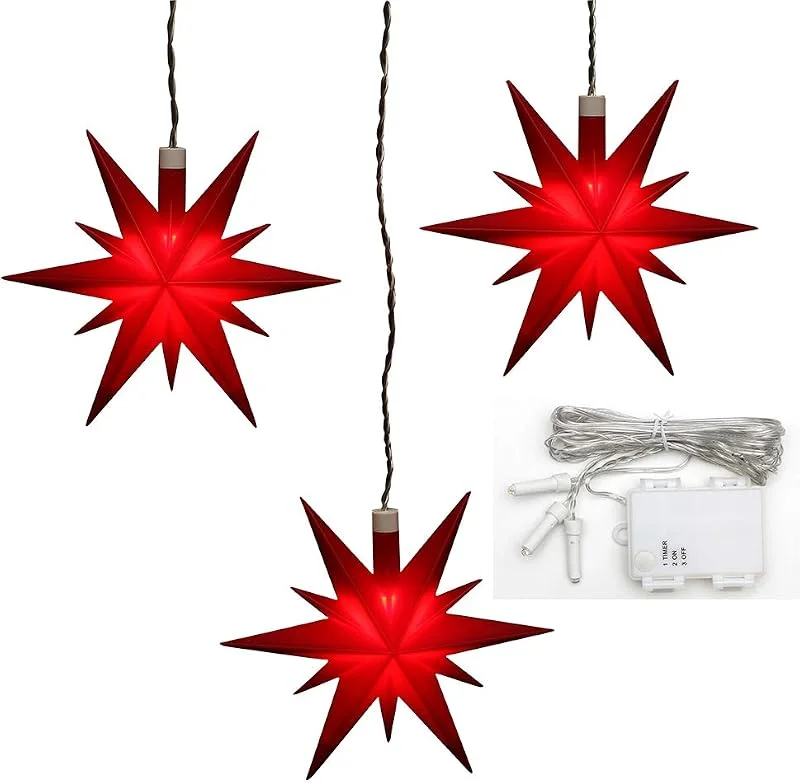 Besuche den Dekohelden24-Store ***3er Set Weihnachtssterne aus Kunststoff in rot, inkl. LED Beleuchtung und 6h Timer, für Batteriebetrieb, für Innen und Außen geeignet. Maße je Stern L, B, H: 13, 5 x 5, 5 x 12 cm. — Weihnachtsdeko