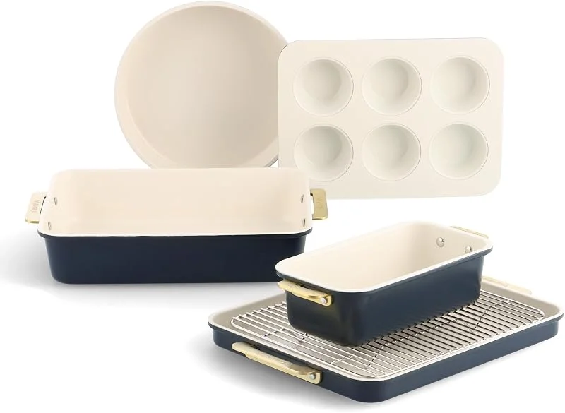 Besuche den GreenPan-Store GreenPan Reserve Backform-Set, 6-teilig, antihaftbeschichtet, Keramik, goldener Griff, Backbleche, Kuchenformen, Kastenform, Muffinform, Abkühlgitter, PFAS-frei, Ofenfest bis 240 °C, Oxford Blue — Weihnachtskueche