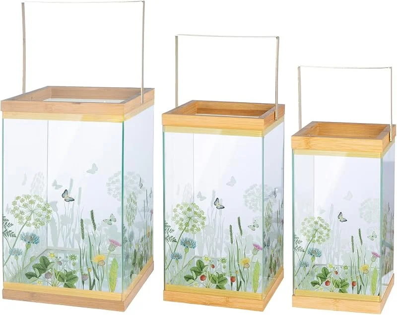 Besuche den GILDE-Store GILDE 3er Set Windlicht Wild Flowers - Bambus und Glas - Blumenmotiv - grün - 3 Größen - mit Tragegriff — Kerzenlicht Abendessen
