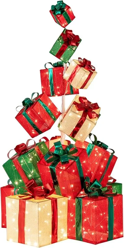Besuche den COSTWAY-Store COSTWAY 170 cm große LED Geschenkboxen, 15 gestapelte Weihnacht Dekoboxen mit 450 warmweißen Lichtern, Metallsockel, beleuchtete Weihnachtenbox, Weihnachtsdeko für außen und innen — Geschenkverpackung
