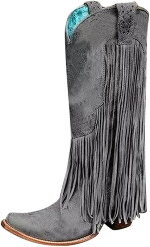 Marke: Yowablo Damen Stiefel Mode Wohnungen Quaste Spitze Zehe Schuhe mit niedrigen Absätzen Western Knight Stiefel — Heizkleidung