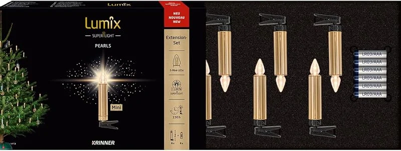 Marke: Lumix Lumix® SuperLight Pearls Mini von KRINNER kabellose LED Christbaumkerzen Weihnachtsbaumkerzen 6er Erweiterungs-Set Gold glänzend 9cm warmweiß 78138 — Weihnachtsbeleuchtung
