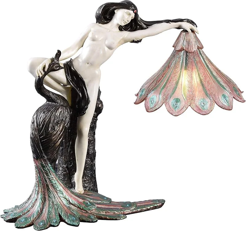 Marke: PALAZZO INT Jugendstil pur extravagante Tischlampe (ohne Leuchtmittel) Dame mit Pfau IS001 Palazzo Exklusiv — Kerzenlicht Abendessen