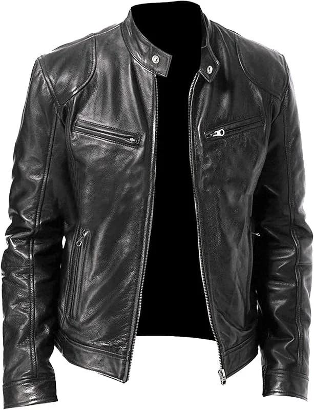 Marke: Generisch Generisch Lederjacke Herren Stehkragen Mit Reissverschluss Und Taschen Bikerjacke Männer Motorradjacke Slim Fit Kunstlederjacke Vintage Freizeit Lederblouson Übergangsjacke Pu Biker Leder Jacke — Heizkleidung