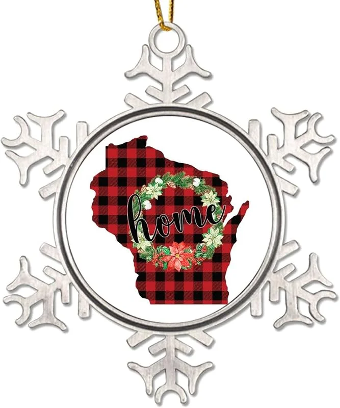 Marke: CowkissSign Weihnachtskranz Wisconsin dekorative hängende Ornamente American State USA Staates Weihnachtsdekoration Metall Schneeflocken Ornamente Home State Rot und Schwarz Plaid Weihnachtsdekorationen