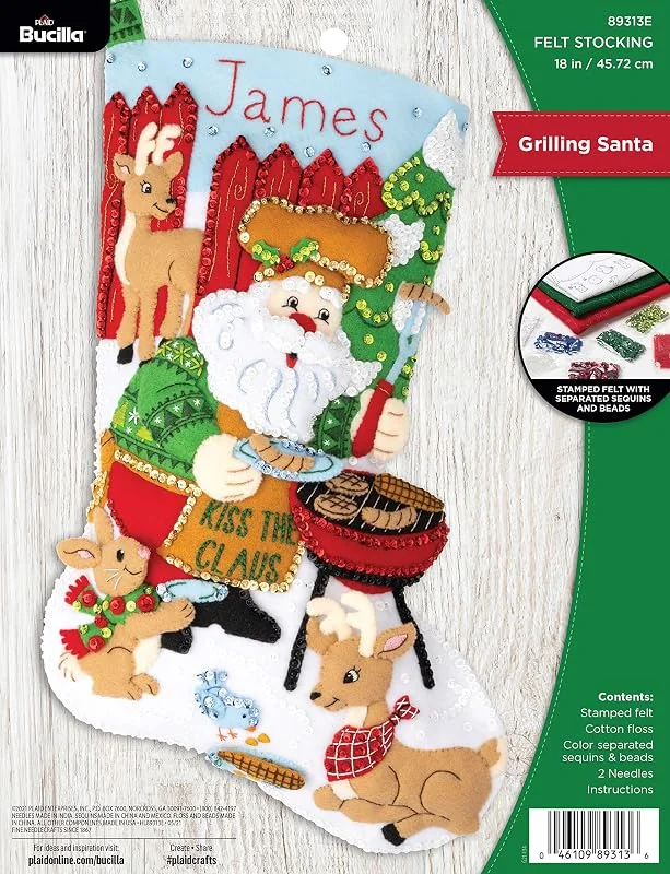 Marke: Bucilla Bucilla, 89313E Grill-Weihnachtsmann-Weihnachtsstrumpf-Set, 45, 7 cm, Filz-Applikation, perfekt für DIY-Urlaub, Nadelspitze, Kunst und Handwerk — Weihnachtsdeko