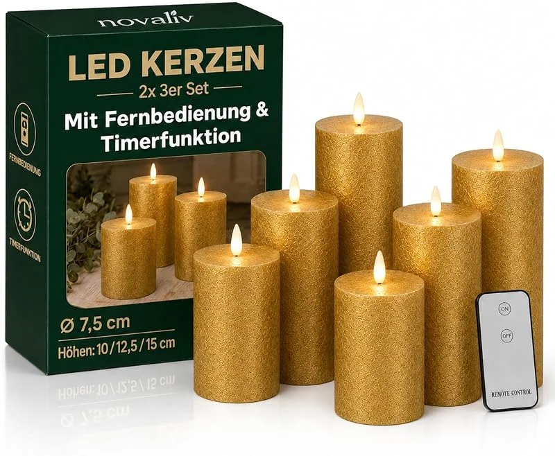 Besuche den Novaliv-Store 6er Set Led Kerzen 7, 5cm ø Kerze flackernde Flamme mit Fernbedingung GOLD 15 cm + 12, 5 cm + 10 cm Höhe, LED Kerzen mit Timerfunktion, 3 AAA Batterien nötig, LED Echtwachs Stumpenkerzen warmweiß — Kerzenlicht Abendessen