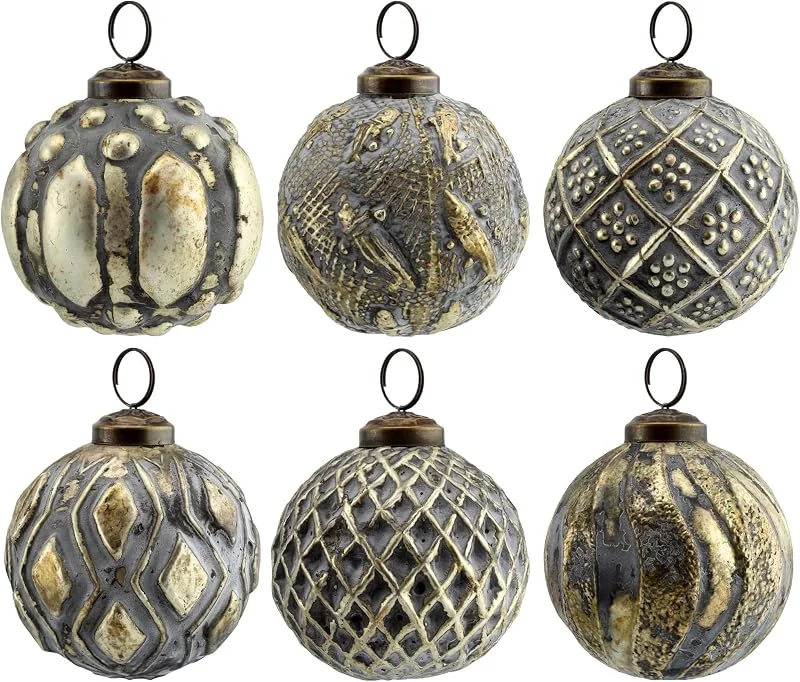Marke: AuldHome Design AuldHome Bauernhaus-Kugel-Ornamente (6 Stück, Silbergrau), Metall-Glaskugel im Vintage-Stil, Weihnachtsdekoration