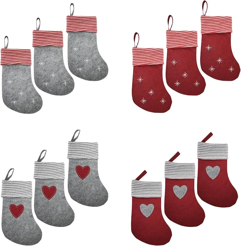 Marke: hausleben 12er Set Weihnachtsstrümpfe 29cm – Nikolausstiefel aus Filz in Rot & Grau – Weihnachtsdeko zum Befüllen, Adventskalender, Geschenkverpackung & Kamin Deko