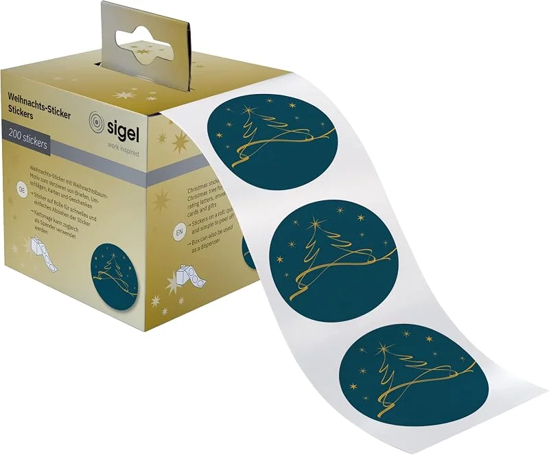 Besuche den Sigel-Store SIGEL Weihnachtssticker Rolle 200 Aufkleber 4, 7 cm Tannenbaum — Geschenkverpackung