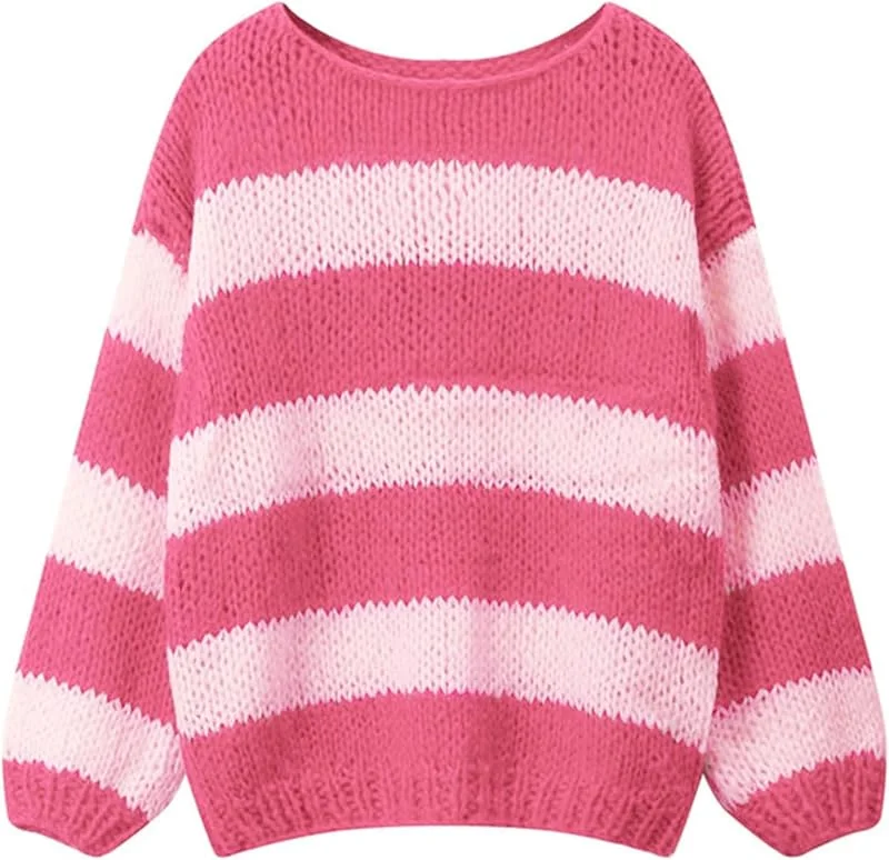 Marke: Pinclodly Pinclodly Übergroßer Pullover für Damen, gestreift, Y2K, Rundhalsausschnitt, langärmelig, Strickpullover — Weihnachtsmode