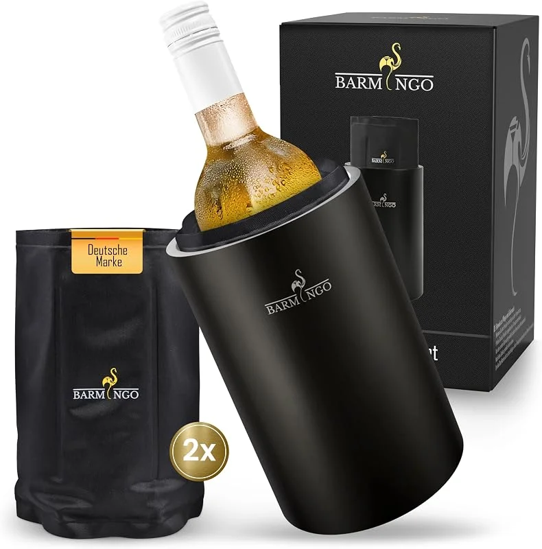 Besuche den BARMINGO-Store Weinkühler Edelstahl mit Kühlakkus – Getränkekühler & Flaschenkühler für Wein, Sekt, Champagner, Sektkühler doppelwandig mit Kühlmanschetten, Wine Cooler, Wein Kühler, Schwarz-Matt — Wein und Festtafel