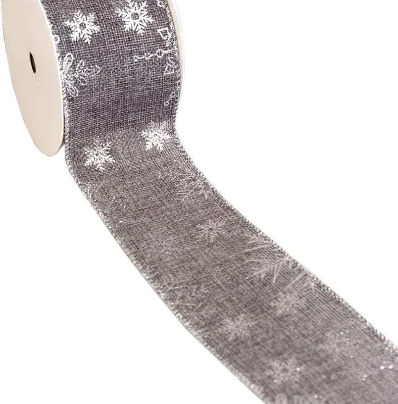 Marke: Deko AS GmbH Weihnachtsband - Dekoband- Weihnachten - Leinenstrukturband mit Silberfoliendruck "große Eissterne" ca. 65mm Breite - 10m Länge - col. 01 grau, silber - 67803-65-10-01 — Geschenkverpackung