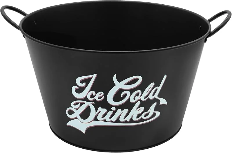 Besuche den Spetebo-Store Vintage Metall Getränkekühler schwarz rund mit Griffen - 40 x 23 cm - Retro Flaschenkühler 29 L mit Aufdruck Ice Cold Drinks - Sektkühler Sektkübel Weinkühler Champagnerschale Eis Eimer — Wein und Festtafel