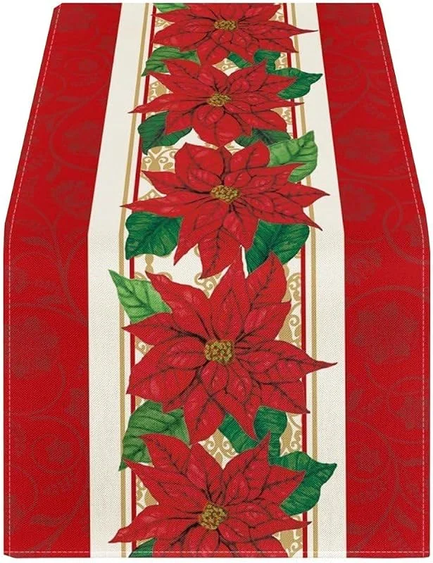 Marke: Keuyeo Weihnachts-tischläufer, Frohe Weihnachten, Dekorationen, Roter Blumendruck, Heim-tischdecke Für Weihnachten, Heim-tischdekorationen — Küche & Haushalt